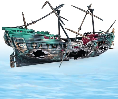 LEKEFETO Aquarium Schiffswrack Dekorationen, Aquarium Dekoration Piratenschiff -Air Bubbler versunkenes Schiff Ornament- Aquarium Luftpumpe Angetrieben Aktion Dekor (dunkelgrün)
