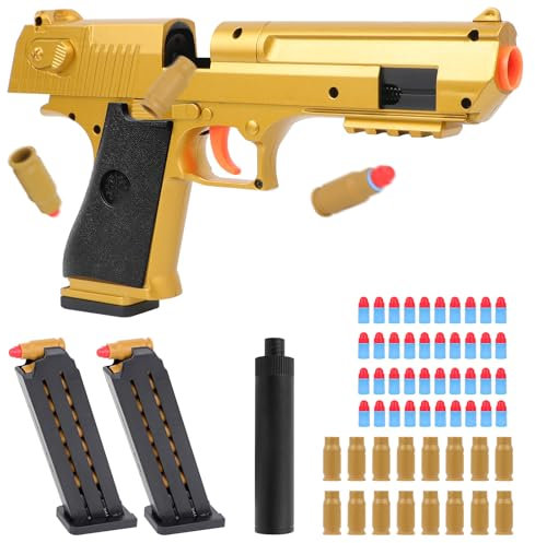 Yerdos Toy Pistol with Magazine Shell Ejection Gun Toy Slide Action Soft Rubber Bullets Shooting Gun, 2 Ejecting Magazines, 1 Silencer, 16 Cartridges, 40 Bullets