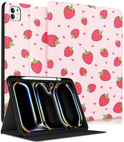 Pegmode Étui pour iPad Pro 13 2024 M4 – Femmes et filles – Housse folio mignonne fraise girly kawaii jolie adolescente design unique avec porte-crayon Smart Cover pour iPad Pro 13 2024 A2925 A2926