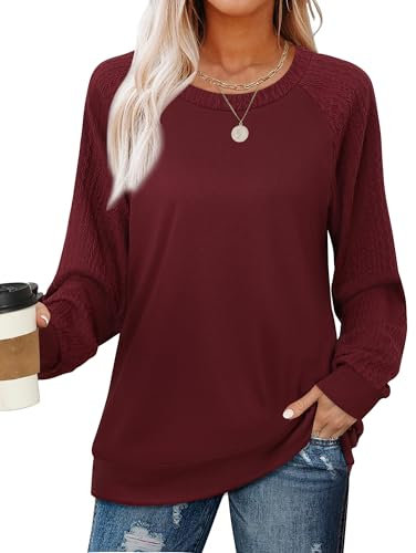 Bodhi talk Damen Raglan-Sweatshirt Business Casual | Elastisches Strick-Oberteil mit Rundhals & Splicing-Detail | Büro Outfit, Urlaubslook, Streetwear | Superweicher Dunkelrot M
