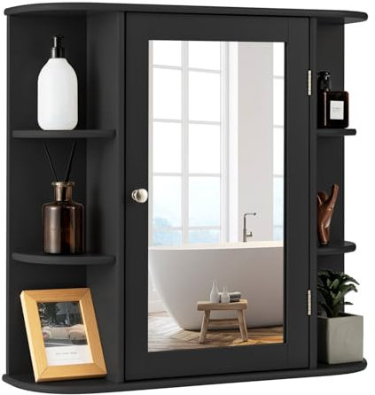 Multigot Bathroom Mirror Cabinet, Wall-Mounted Storage Cupboard with Adjustable Shelves, Single Door Organizer Unit for Living Room and Bedroom(Black)