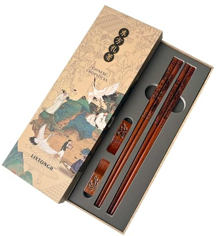 Chopsticks Reusable Gift for Family & Friends Engraved With Handcrafted Dragon & Phoenix Wooden Chopsticks Set Cute Chopsticks Anti-slip Chop Sticks Japanese Korean Chopstick for Asian Food 9.9 Inch