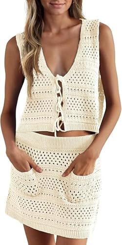 Saodimallsu Bikini da donna, set da 2 pezzi, costume da bagno all'uncinetto, senza maniche, gonna a maglia all'uncinetto, da spiaggia, da spiaggia