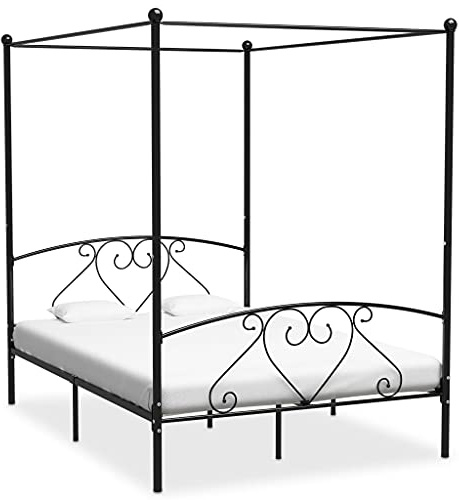 Festnight Letto a Baldacchino, Letto in Ferro Battuto, Struttura Letto, Letto a Baldacchino Matrimoniale in Metallo Nero 160x200 cm