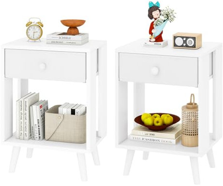 YMYNY Nachttisch 2er Set, Beistelltisch, Nachtkommode, Stoff-Schubladen und offenes Fach, Massivholz Beinen, Modern, Einfacher Aufbau, für Schlafzimmer Wohnzimmer, Weiß HST012W-2