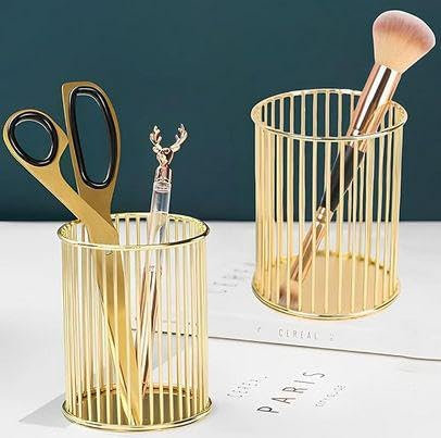 Jiayaus 2PCS Pen Holder, 2Pcs Pencil Holder with 2Pcs Pen, Gold Round Pen Pot, Metal Makeup Brush Holder for Desk, Office, Home and School
