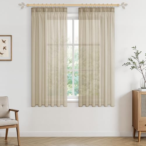 CUTEWIND Vorhänge mit Kräuselband Vorhang Beige Transparent 160X140cm (HxB) 2er Set Gardinen Kurz für Kinderzimmer Jungefür und Wohnzimmer Modern, Gardinen für Schienensystem
