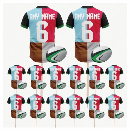 Personalised Rugby Shirt Toppers, Food Picks, Jersey Cupcake, Party Decorations, 14 Pack (HARLEQUINS COLOURS)