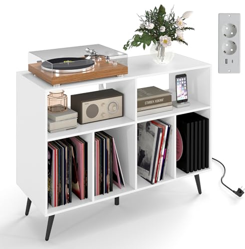 COSTWAY Plattenspielerständer mit Ladestation, Plattenspielerschank mit Vinyl-Aufbewahrungsregalen, Plattenaufbewahrungstisch inkl. 5 Metallbeinen, Sideboard für Wohnzimmer, Musikzimmer (Weiß)