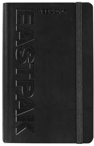 EASTPAK, offizieller Eastpak Terminplaner 2026, Wochenplaner 12 Monate, Wochenplaner mit 192 Seiten, elastisch, Tasche, Lesezeichen, Kalender 2026 und 2027, Format 9 x 14 cm, Schwarz