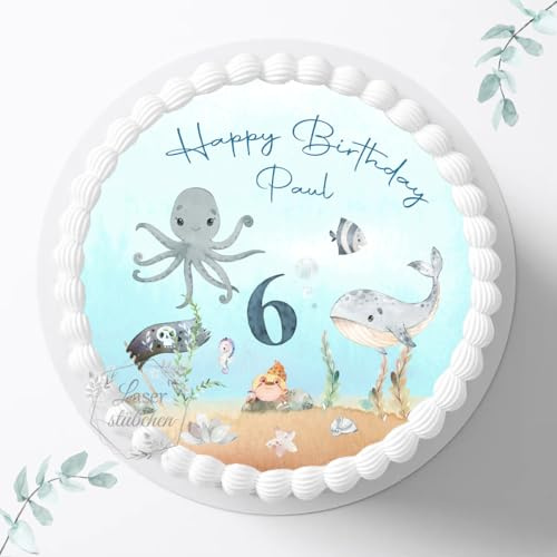 Tortenaufleger Unterwasser zum Geburtstag, personalisierbar mit Name und Alter, ⌀20cm Zuckerbild, Deko für Kuchen, Foto für Torten, Fondant für Kinder 3046G