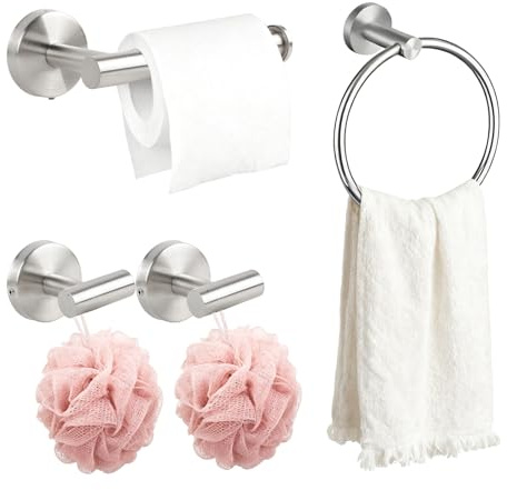 4-Piece Bathroom Hardware Set, Includes Toilet Paper Holder, Towel Rack, Wall Mounted Stainless Steel Towel Ring and Bathrobe Hook, Silver Chrome Finish