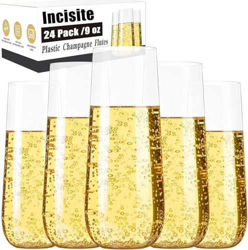 Incisite 24 Pack 9 oz Stemless Plastic Champagne Flutes, Clear | Reusable Plastic Toasting Glasses, Shatterproof Cocktail Cups, for Wedding Birthday Party Supplies