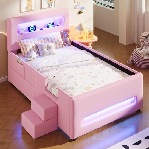 HMHKHN Kinderbett 90x200, Halbhochbett mit Treppe, Schubladen, LED-Lichtleisten und Aufbewahrungstaschen, Bett mit Lattenrost und Stauraum, Jugendbett, Funktionsbett, Ohne Matratze(Rosa)