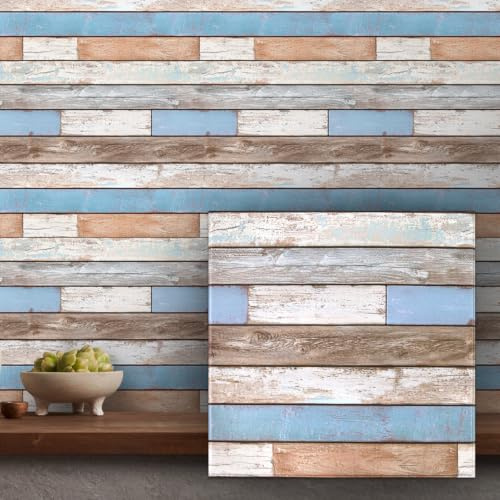 COMSTICKC Lot de 10 Panneaux Muraux 3D Effet Bois Imitation, Carrés 30 x 30 cm, Imperméables en PVC, Style Rustique, Couleur Bleu Blanc Bois