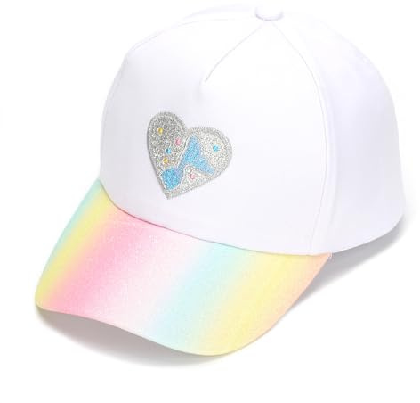 Glitzern Baseball Cap Kinder Mädchen, Süße Baseballkappe mit Herz-Stickerei, UV-Schutz Snapback Trucker Cap Verstellbare Schirmmütze Sport Sonnenhut für Outdoor Sport Freizeit Schule 3-8 Jahre