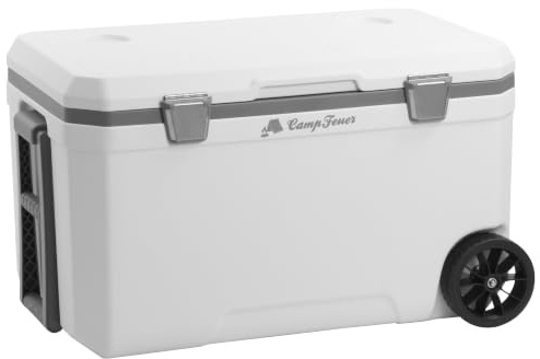 CampFeuer Kühlbox 70 Liter mit Rädern | Rollkühlbox, isolierte Kühlbox mit Griffen, fahrbare Cooling Box, Eisbox, Mini Kühlschrank | Thermobox, Snackbox, Eiskühler, Cooler Box für Auto Outdoor