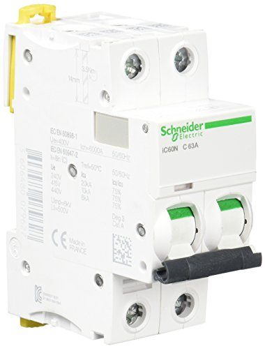 Schneider Electric A9F74263 IC60N Disjoncteur, Acti9, 2P, 63A, courbe C, 50/60 Hz, blanc