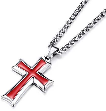 HZMAN Herren Edelstahl Kreuz Anhänger Halskette Schmuck Geschenk mit Weizenkette (Silber Rot)