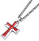 HZMAN Herren Edelstahl Kreuz Anhänger Halskette Schmuck Geschenk mit Weizenkette (Silber Rot)