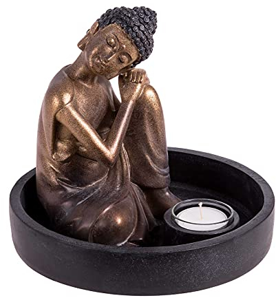 SIDCO Buddha Figur Zen Gold mit Teelichthalter Deko Schale Feng Shui Statue