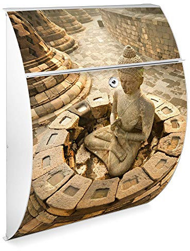 banjado Design Briefkasten - Modell Riviera 46x33,5x13cm groß - verzinkter Stahl weiß - Postkasten Öffnungsstopp großer A4 Einwurf Zylinderschloss 2 Schlüssel - Motiv Sitzender Buddha