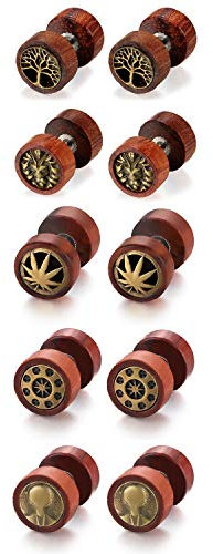 Flongo Ohrringe Edelstahl Holz Retro Baum des Lebens Löwe Kopf Fantasie Ohrstecker Farbe Braun für Herren Damen, 10mm, Holz
