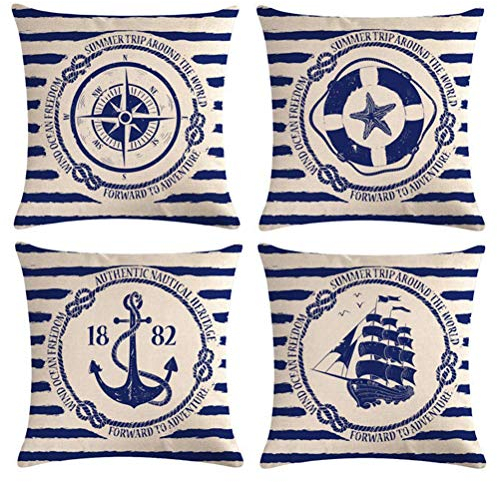 Gspirit 4 Pack Oceano Vela Ancora Navigazione Bussola Salvagente Cotone Biancheria Cuscino Decorativo Caso Federa Stampa per Cuscino 45x45 cm