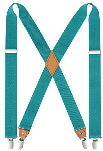 HISDERN Herren 3,5 cm breiter Hosenträger in X-Form mit sehr Starken 4 Metall Clip für Männer und Damen elastisch und verstellbar Türkis