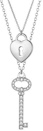 Ouran Key and Lock Pendant Necklace for Women, Separable Double Layer Gold and Silver Long Chain Necklace with Shining Crystal Best Jewelry Gift for Mom, Friends