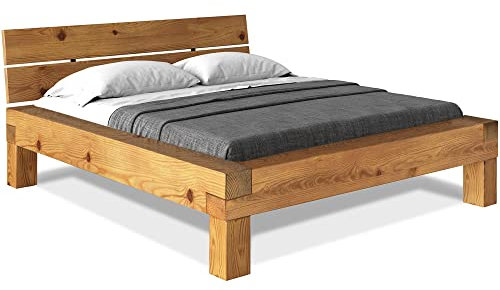 CURBY 4-Fuß-Balkenbett mit Kopfteil, Material Massivholz, Thermo-Fichte