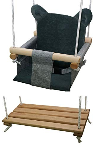 Holz Babyschaukel Kinderschaukel Holz Babywippe Zimmerschaukel Stoff Babysitz Baby Schaukel zum Aufhängen Sicherheitsgurt 2 in 1 Schaukel für Kinder Garten Indoor Outdoor (Grau & Graphit)