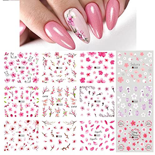 MWOOT 12 Blatt Kirschblüten Nagelsticker,Nagelaufkleber Wassertransfer Aufkleber Abziehbilder Set,Nagel Tattoo Aufkleber für DIY Nagel Tipdesign