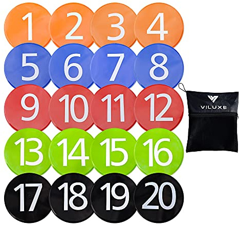 VILUXE Speed & Agility Training Large Pro Flat Disc Markers nummeriert [20er Set] Mehrfarbig mit rutschfestem PVC Griff | Durchmesser: 20 cm | Tragetasche | Sportgeräte für Fußball, Boxen & Badminton
