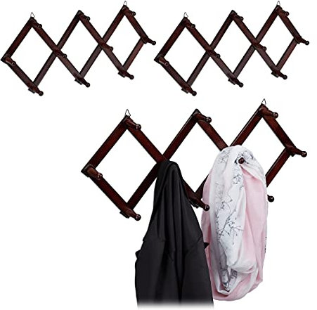 Set 3 Percheros Pared Extensibles, Colgador Recibidor Madera, Entrada, Diseño Tijera, 10 Ganchos, Marrón
