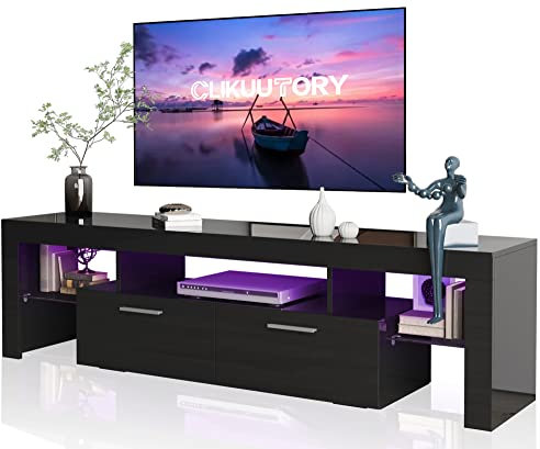 Clikuutory Modern LED 63 inch Long TV Stand with Large Storage Drawer for 50 55 60 65 70 75 Inch TVs, Black Wood TV Console with High Glossy Entertainment Center for Living Room, Bedroom, Black