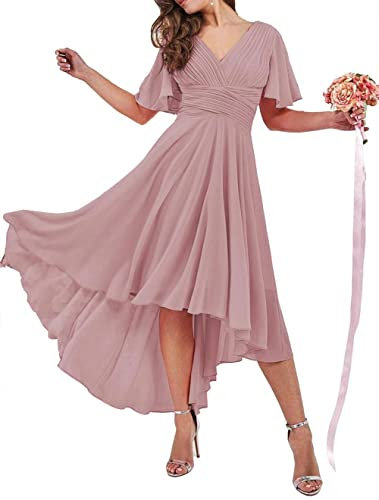 Robe de princesse plissée à manches courtes et col en V pour femme, vieux rose, 52