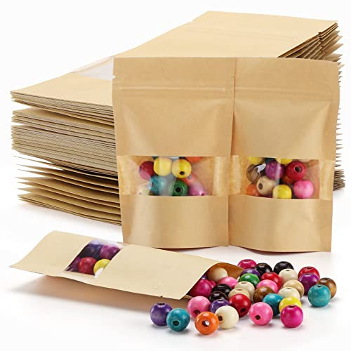 Sacs alimentaires en papier kraft, pochettes de stockage refermables, sacs hermétiques marron, sac d'emballage alimentaire en papier avec fenêtre transparente pour noix, grains de café, céréales,