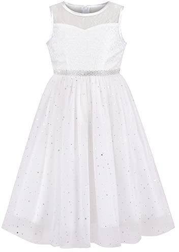 Sunny Fashion Mädchen Kleid Nicht-gerade Weiss Silber Pailletten Stern Diamant Taille Hochzeit Party Gr. 122