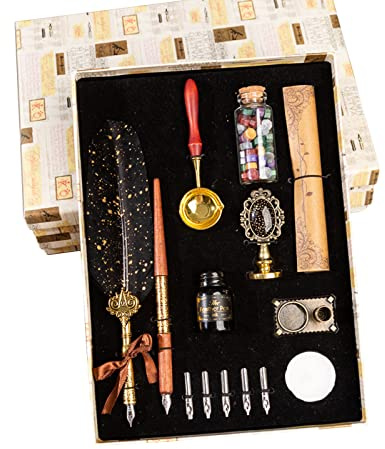 JasCherry Schreibfeder mit Tinte Set- Vintage Kalligrafie Stift mit Wachssiegel Stempel, Federkiel Set mit 1 Tinte & 5 Stiftspitzen in Geschenkbox für Geburtstag, Weihnachten, Valentinstag