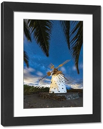 robertharding Palm Trees Frame Windmill Under Milky Way, El Cotillo Framed Print - Modern Frame 22x18 (58x48cm) (24188479)