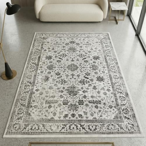 CARPETIA Teppich Florale Ornamente Creme Pflegeleicht 160x230 cm | Weich, pflegeleicht, schmutzabweisend und strapazierfähig, OEKO-TEX geprüft, für Fußbodenheizung, Flur & Wohnräume