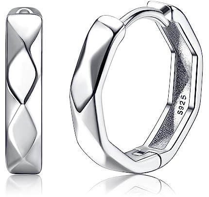 KRFY Creolen Silber 925 für Herren Damen Klein Leichter Ohrringe Creolen Rhombus Förmigen Schneiden Textur Hochglanzpoliertes Schwarzes Silber Ohrringe Herren Damen Innendurchmesser 15MM