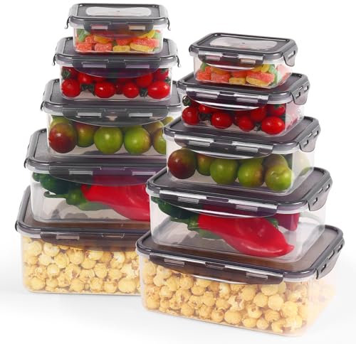 Rainberg Plastic Food Storage Containers - 20 Pieces (10 containers & 10 Lids) Food Containers, Air Tight Lids, Freezer, Microwave & Dishwasher Safe. (Grey)
