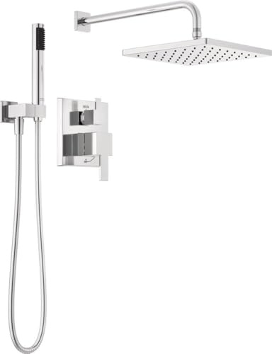 Delta Modern 14 Series Square Rain Shower System Faucet Set, Rainfall Chrome Shower Head and Handle Set, Valve Trim Kit, 10 Inch, Chrome 342701