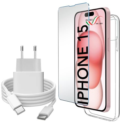 4in1 Caricatore per iPhone 15 20W Rapido USB-C + Cavo Type C + Cover Trasparente + Vetro Temperato Proteggi Schermo - PHONIX Italia Starter Kit