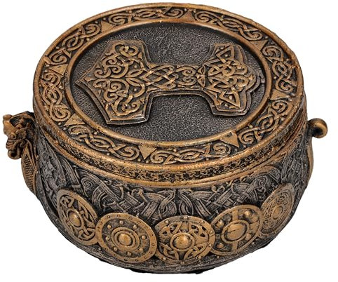Pacific Giftware Boîte ronde Viking Drakkar - 12 cm - Bronze - Marteau de Thor en relief - Peint à la main - Pierre artificielle - Design historique
