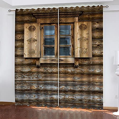 Rideaux Occultants Thermiques pour Salon Et Chambre, 200X210cm(LxH), 3D Imprimé Fenêtres De Maison en Bois Créatives Rideau Opaque A Oeillets, Lot De 2 Rideaux Isolant Thermique pour Enfant