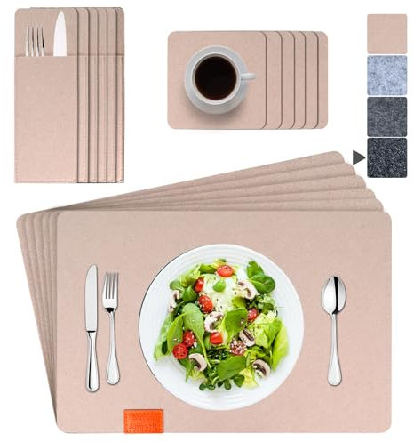 ARTAND Platzsets Abwaschbar Filz Tischsets Ausschließlich Vegane Platzdeckchen mit Untersetzer Bestecktasche - 6er Set, 05 Filz Pfirsich-Puff