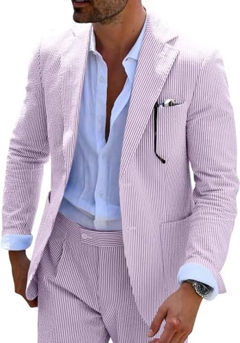 Mrbuerly Seersucker-Sommeranzug für Herren, Blau, für Bräutigam, für Hochzeit, formelle Anzüge, schmale Passform, Violett, L